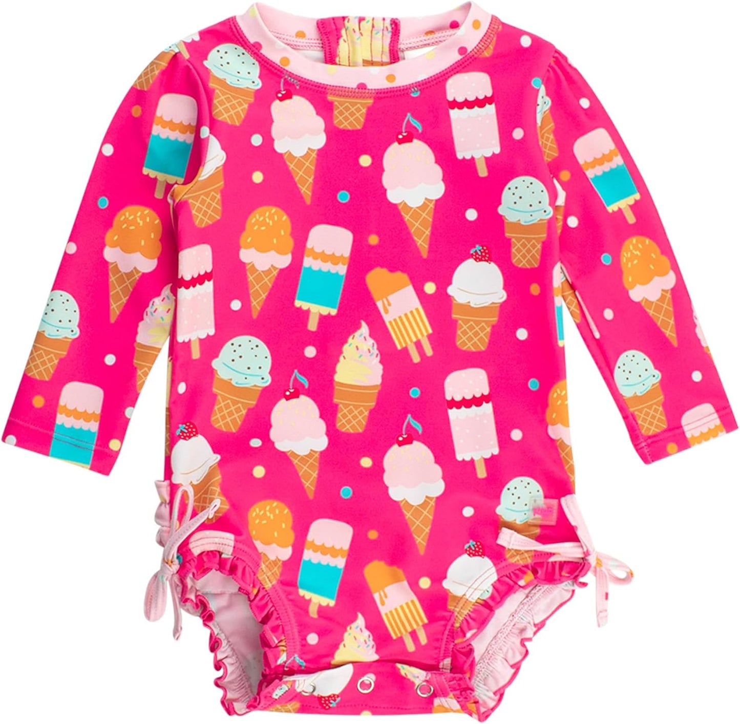 RuffleButts Baby Girls UPF 50+ Sun Protection Novelty Print Long Sleeve One Piece Rash Guard Swimsuit with Zipper