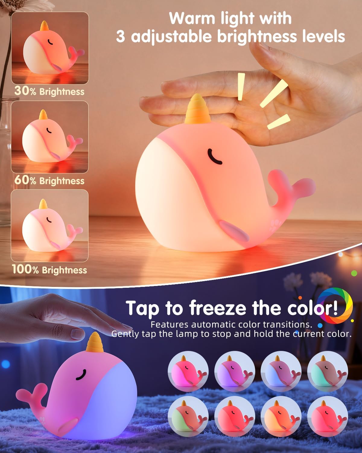 Fuloon Narwhal Night Light with Whale Shape, Squishy Silicone Kids Lamp, Safe & Soothing Touch Control for Kids and Babies, USB-C Rechargeable, 30-Min Auto Timer, Gift Idea (Pink)