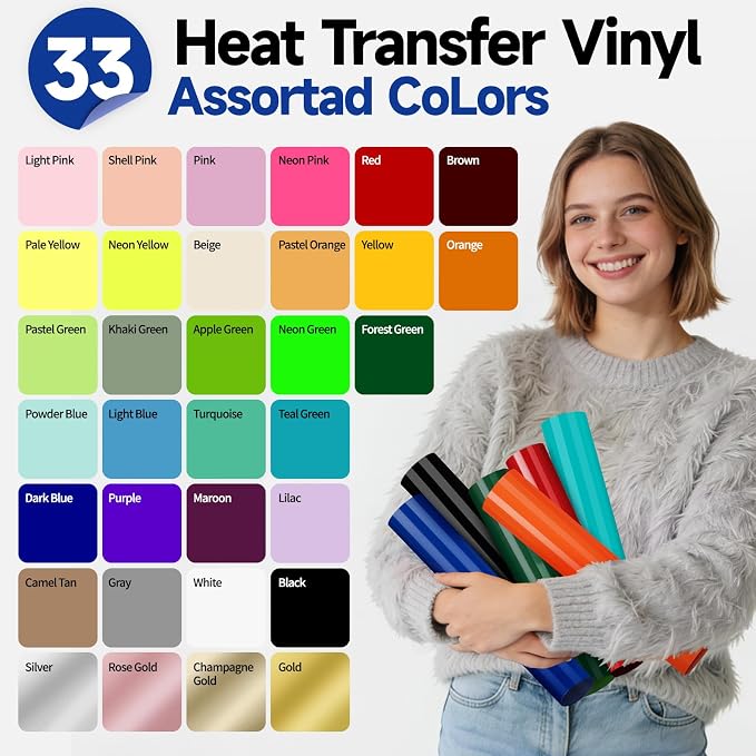 TECKWRAP Heat Transfer Vinyl for T-Shirts 33 Sheets 12"x12" Easy Cut & Weed |