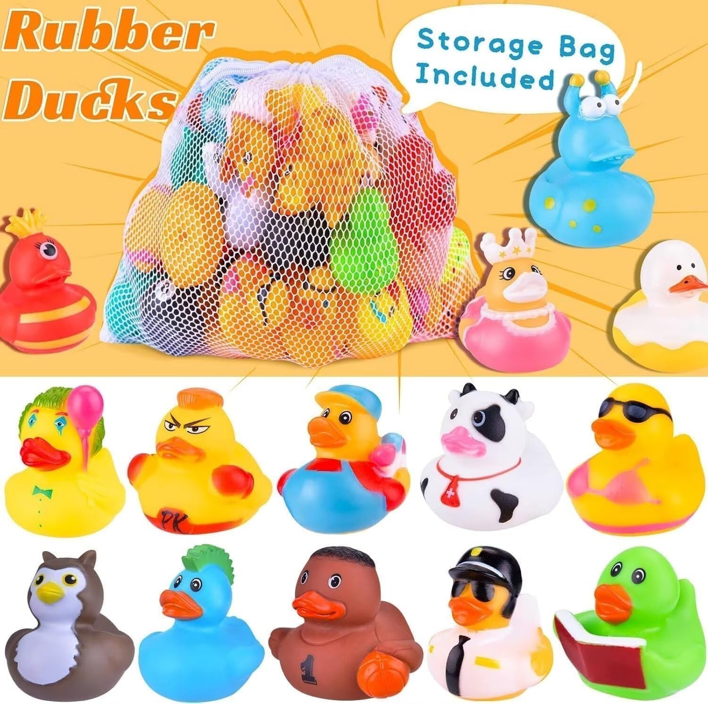 35 Packs Rubber Ducks in Bulk Assortment Jeep Ducks for Ducking, Small Rubber Duckies for Toddler Baby Bath Toys Floater Duck Bath Pool Toys Kids Party Favors with Mesh Carry Bag