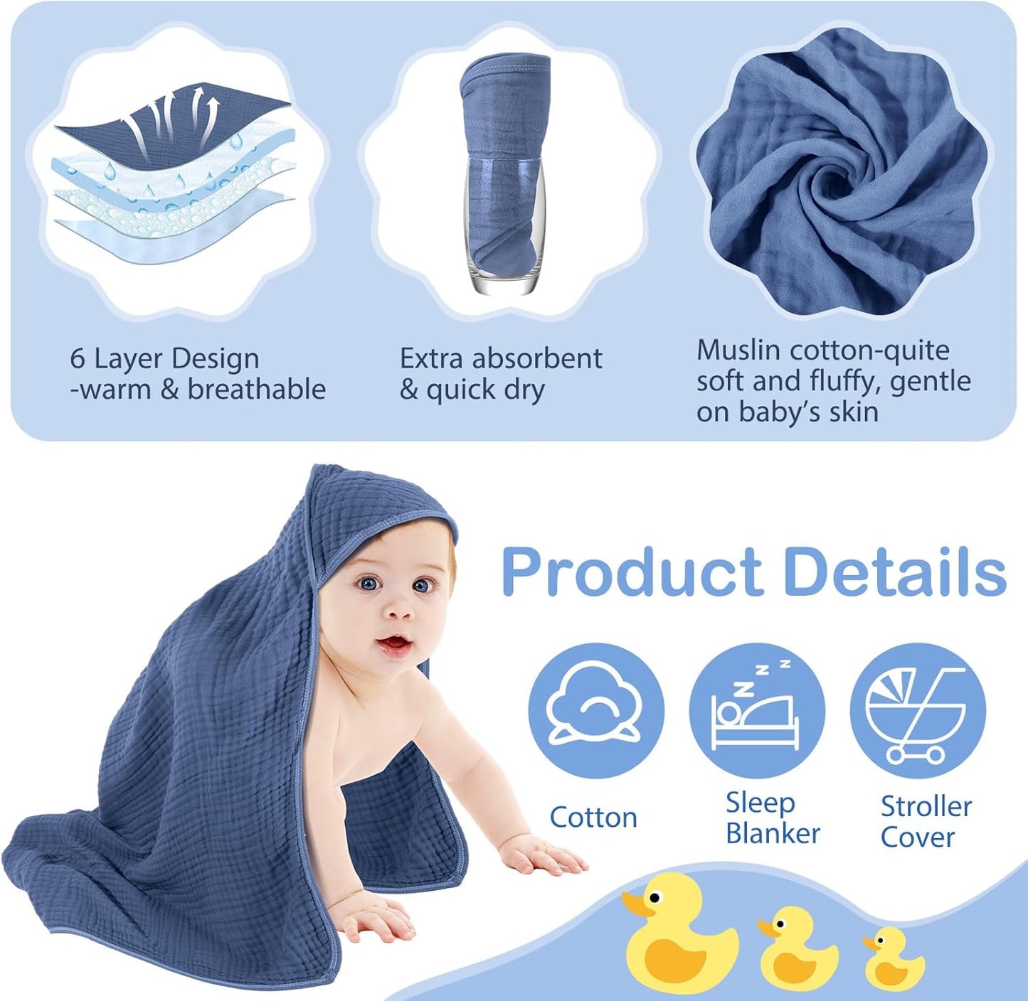 Peryiter 6 Pcs Muslin Hooded Baby Towels, 32"x 32" Cotton Newborn Bath Towel Muslin Infant Baby Blankets Absorbent Unisex Newborn Registry Gift Essentials for Girls Boys (Green Series)