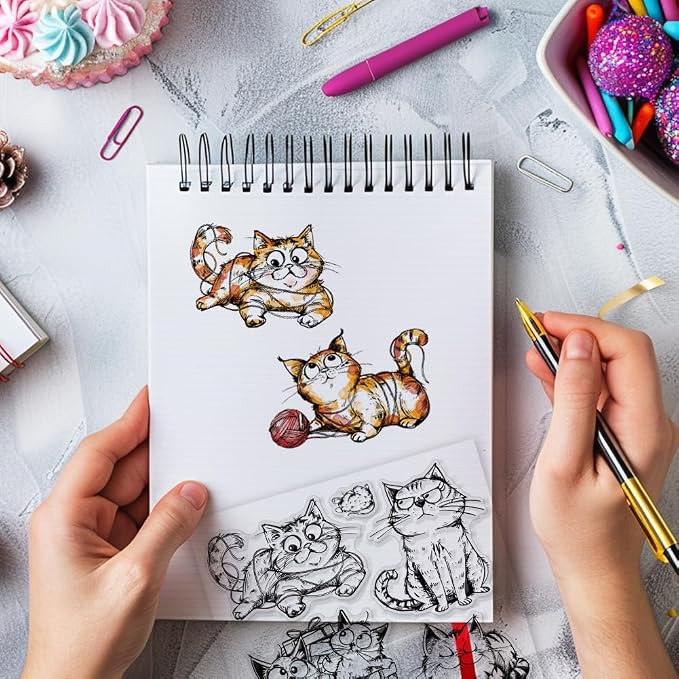 GLOBLELAND Cartoon Gift Cat Clear Stamps Yarn Cat Clear Stamps Pet Cat Silicone
