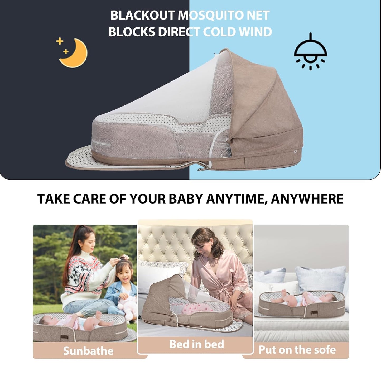 Portable Bassinet for Baby Travel Lounger Foldable Baby Co-Sleeping Bed with Mosquito net + Cool mat Carry Bag & Storage Pocket (Khaki)