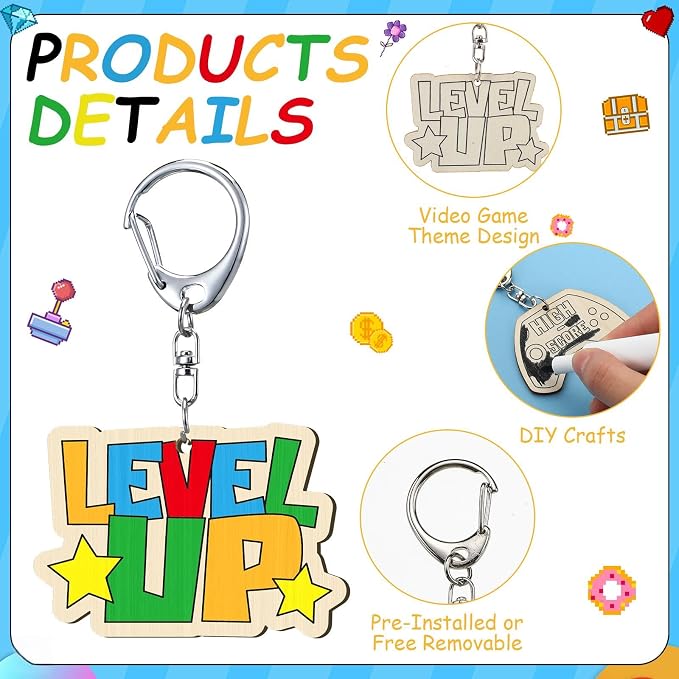 RattanView 24 Pcs Video Game Craft Color Your Own Keychains DIY Craft Wooden