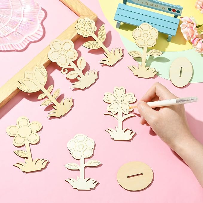 30 pcs 6 Styles Spring Flower Theme Unfinished Wooden Cutout Charms Cute Floral