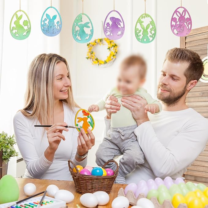 36PCS Wooden Easter Ornaments to Paint, 6 Styles DIY Blank Unfinished Wood Egg