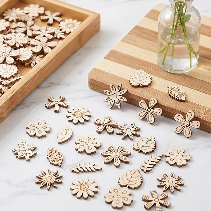 100 Pcs Wooden Flowers for Crafts, Unfinished Wooden Flowers | Wood Craft