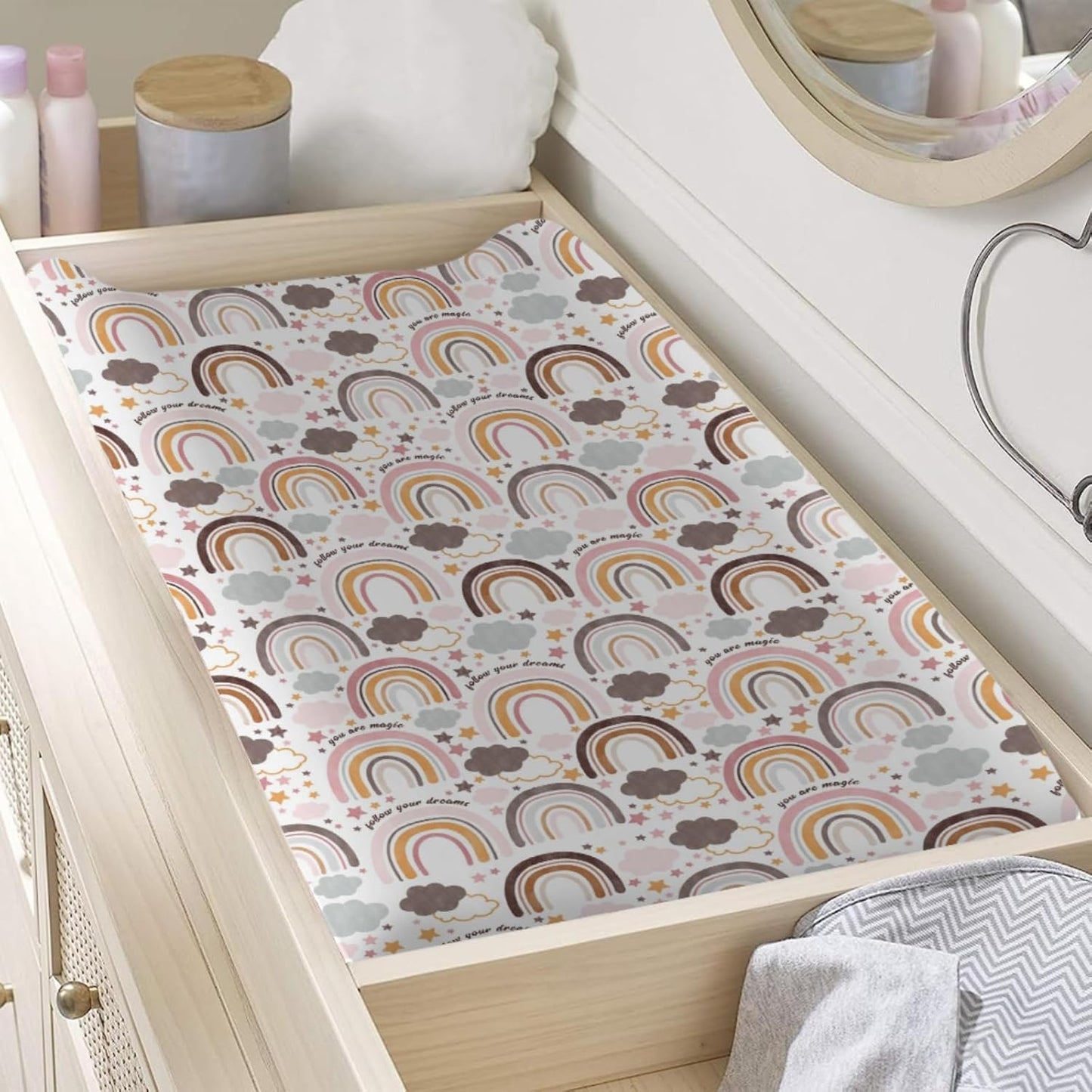 Colorful Boho Rainbow Changing Pad Covers Cute Rainbow Clouds Stars Diaper Change Pad Sheets for Girls Boys Soft Breathable Stretchy Snug Fitted Changing Mat Cover 32''x16''