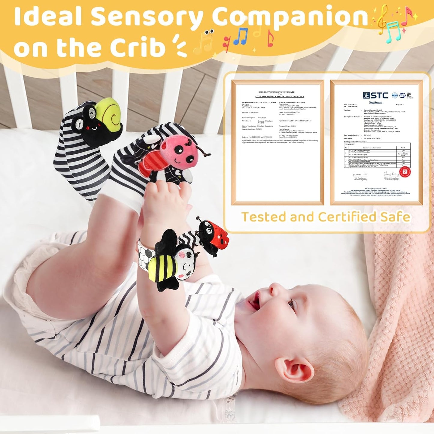 URMYWO Wrist Rattles for Baby - Rattle Socks - Foot Finder Set - High Contrast Black and White Baby Toys for 0-12 Months Infant - Newborn Essentials - Sensery Toys for Boys and Girls as Shower Gifts