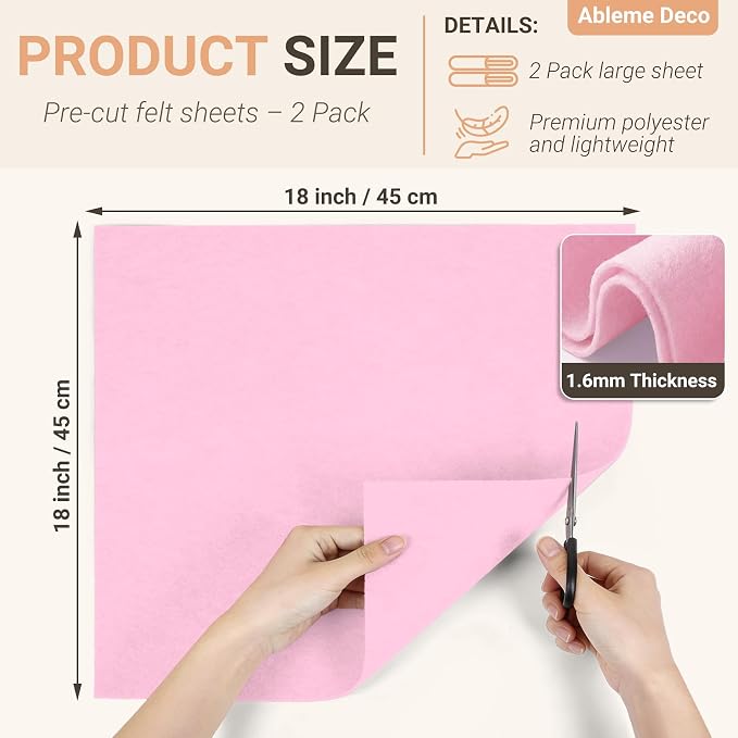 Light Pink Felt Fabric Sheets 18" x 18" 1.6mm Soft Craft Felt | Soft Precut