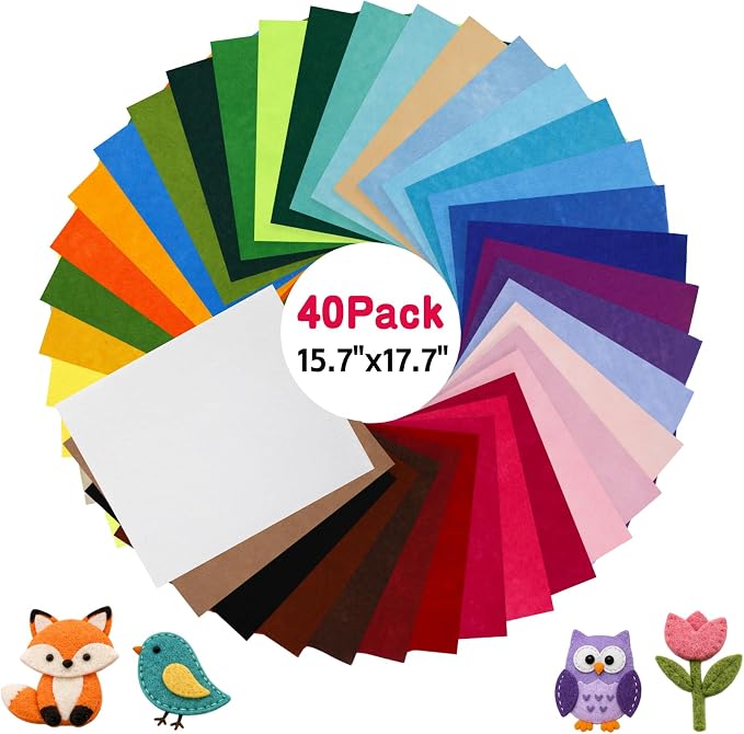 40 Pack Thin Felt Fabric Sheets 18" x 18" Assorted Colors Squares Felt Fabric