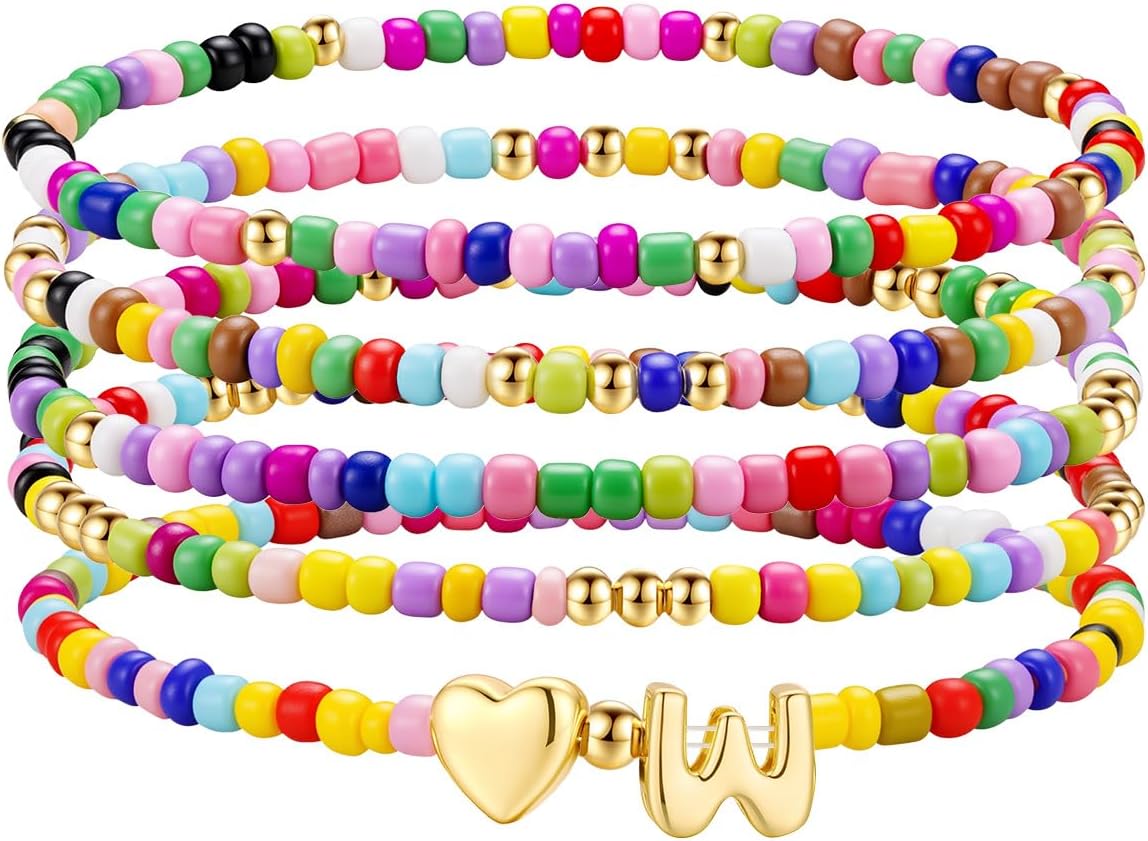 M MOOHAM Stocking Stuffers for Kids Girls Teen - 5PCS Colorful Beaded Initial Bracelets for Women Girls, Cute Stretch Heart Letter Bohemian Stackable Bracelet Birthday Gifts Jewelry for Kids Teen Girl