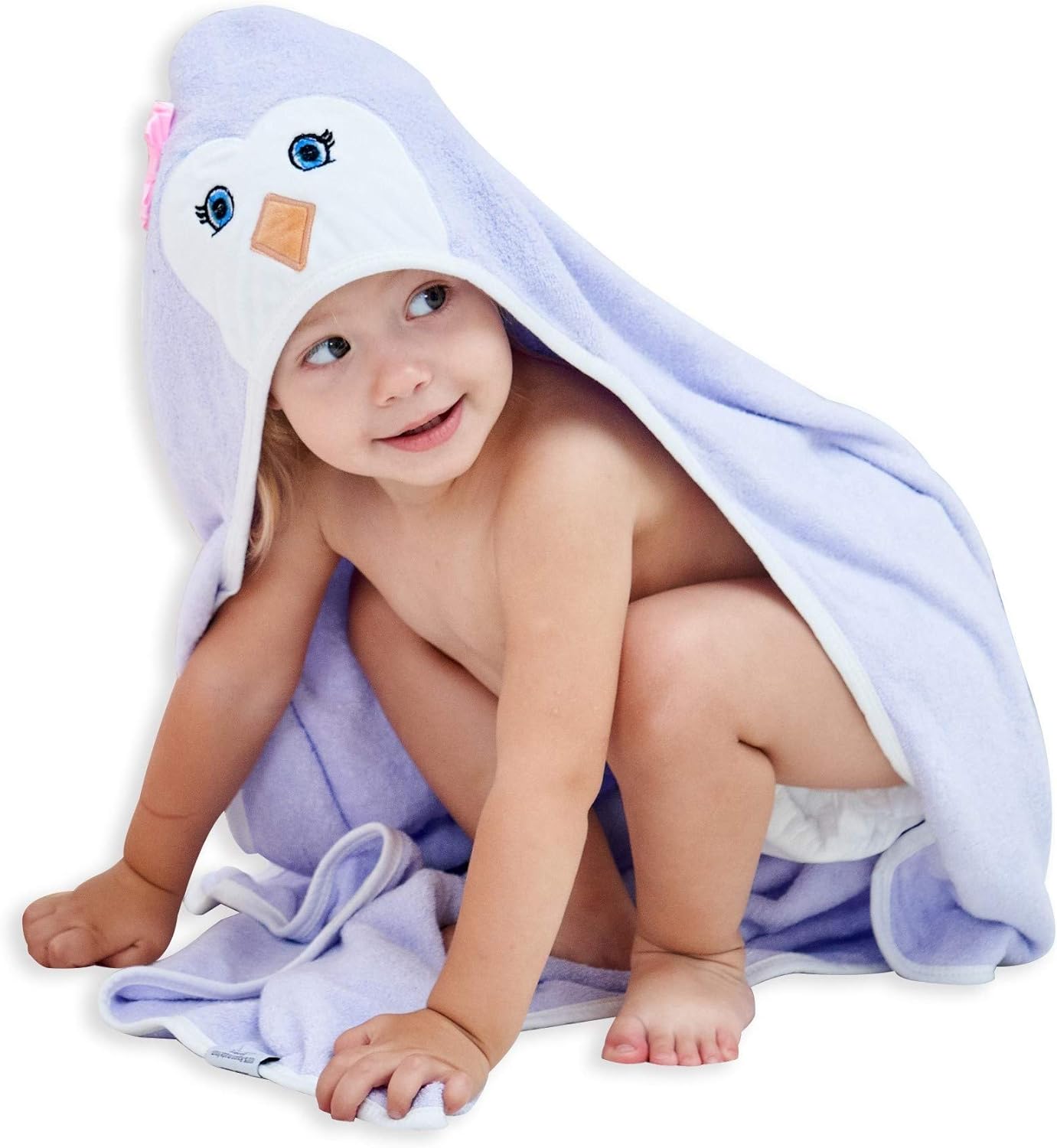 HIPHOP PANDA Hooded Towel - Rayon Made from Bamboo, Bath Towel with Bear Ears for Newborn, Babie, Toddler, Infant - Absorbent Large Baby Towel - Purple Penguin, 30 x 40 Inch