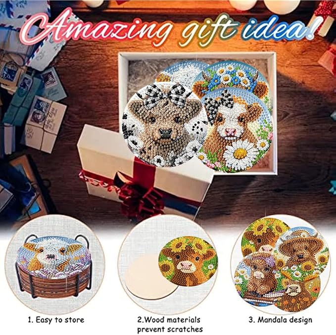 8 Pack Diamond Art Coasters, Highland Cow Diamond Painting Coasters Kits | Cow
