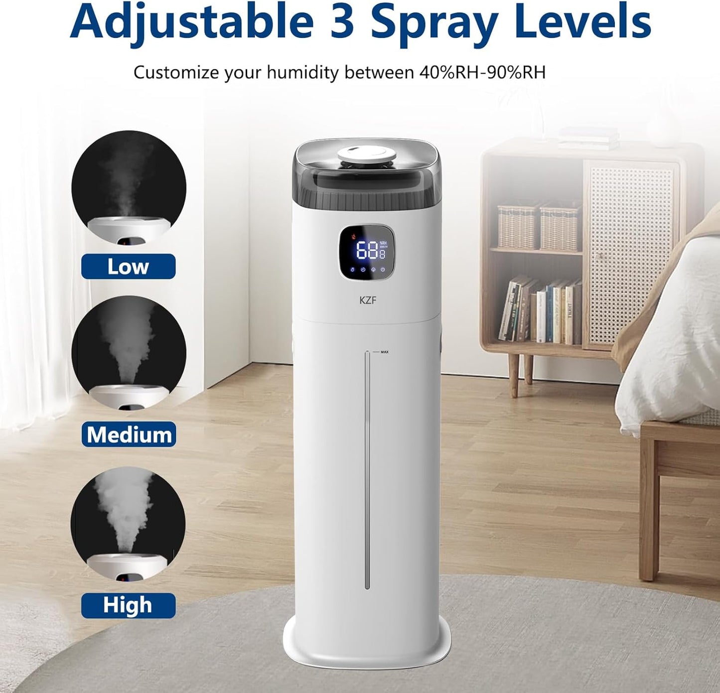 Large Humidifier for Bedroom, 9L/2.5Gallon Ultrasonic Cool Mist Humidifier with Humidistat, 360°Nozzle, 350ML/H Big Mist Level, Suitable for Kids Room Livingroom Yoga Office Plant，White