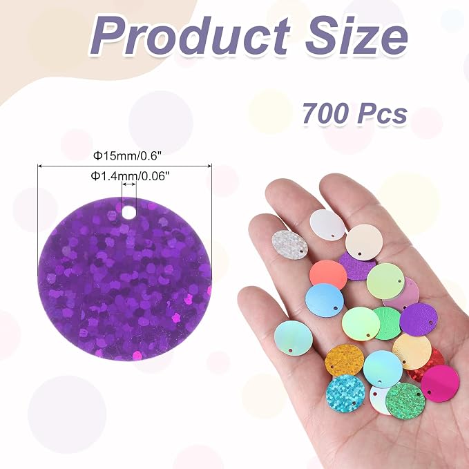 MECCANIXITY 700 Pcs Flat Round Sequins 15mm/0.6 Inch Loose Paillettes Craft