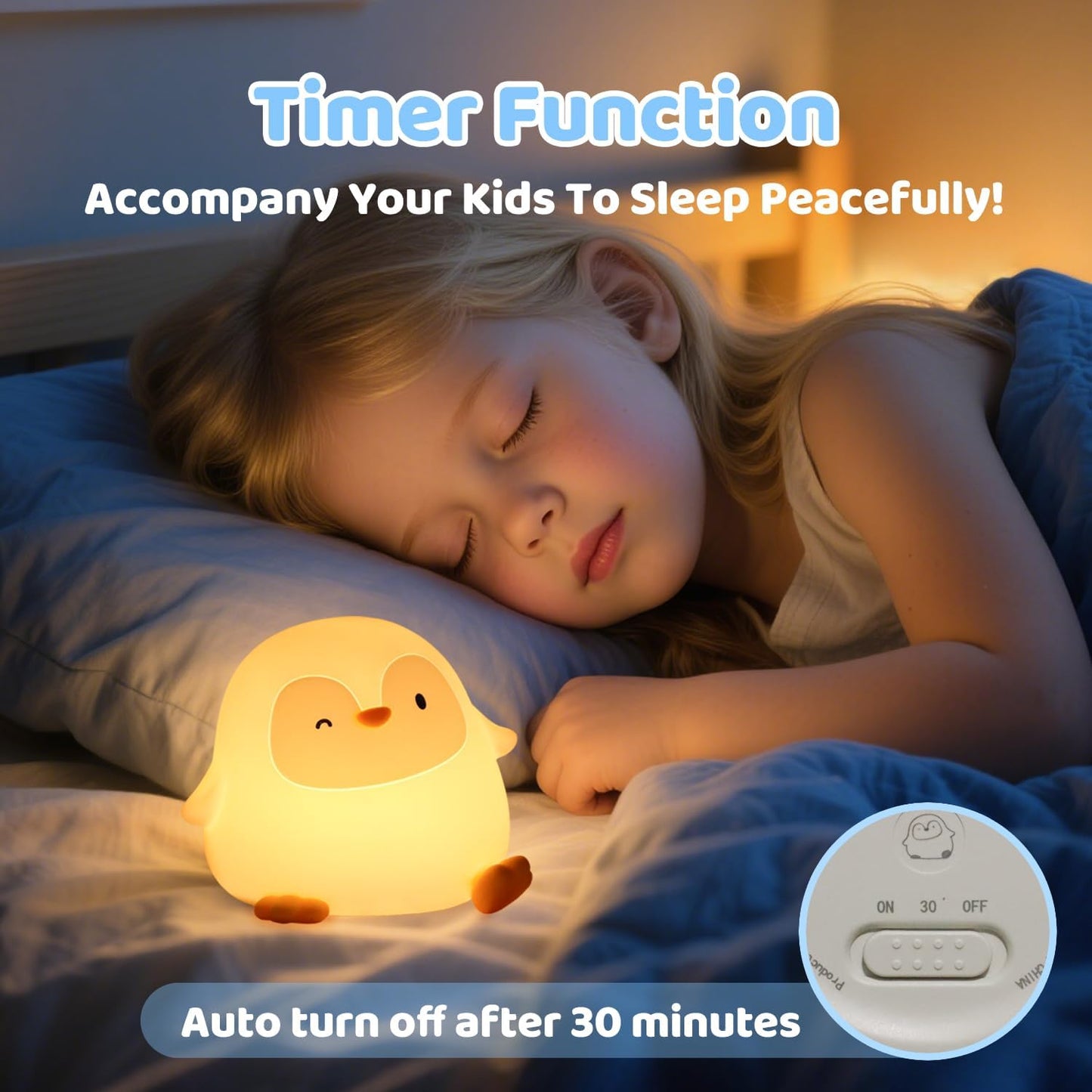 Squishy Penguin Silicone Night Light for Kids - USB Rechargeable LED Lamp with Soft Touch, Long Lasting Battery & Touch Control - Cute Penguin Light for Kids Room, Decor & Gifts