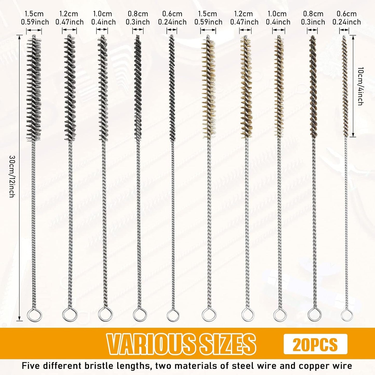 Wire Tube Brushes Bulk for Cleaning Pipe Tube Brass Stainless Steel Round Wire Brush for Auto Parts Christmas, Bottles, Tubes, 5 Sizes(20 Pieces)
