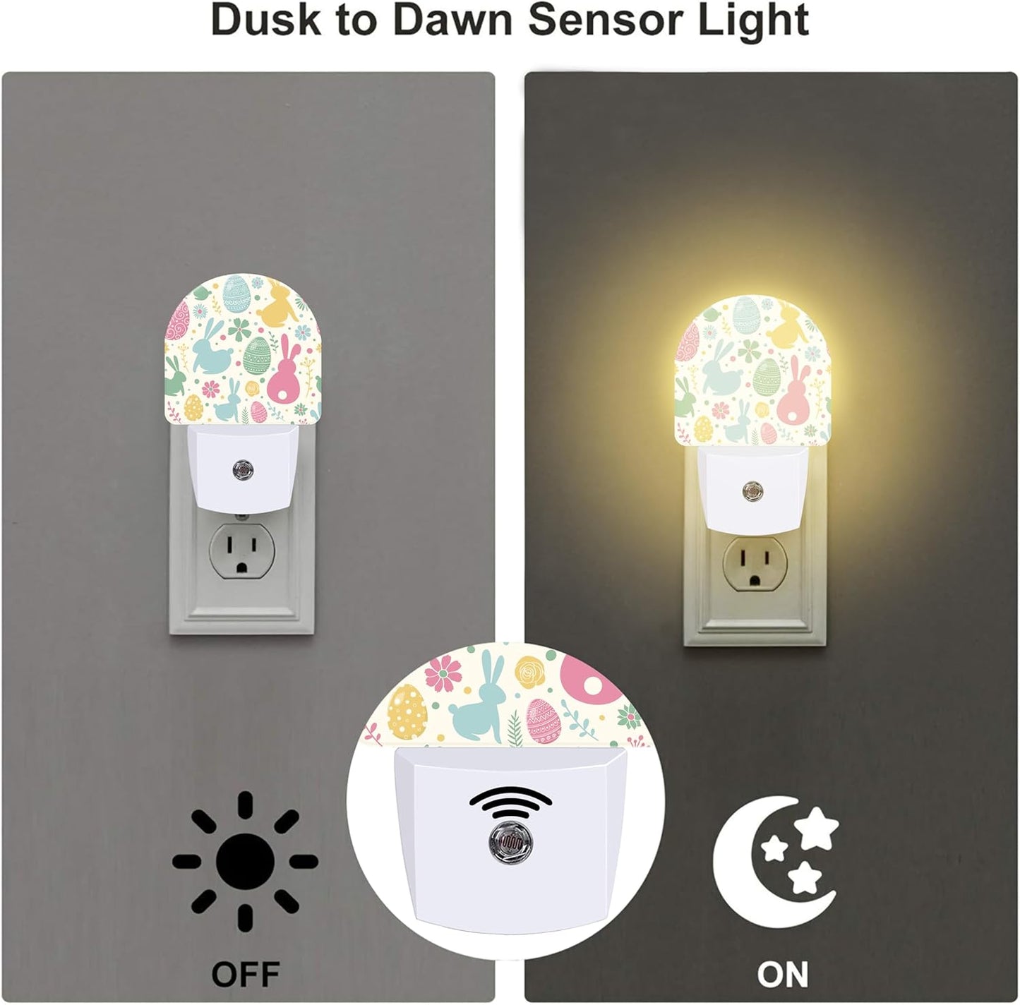 Easter Bunnies and Eggs Night Light, Colorful Rabbits and Flowers Dusk to Dawn Night Light Plug in,0.5w Energy Saving Sleep Friendly NightLight for Kids Boys Girls Home Decor