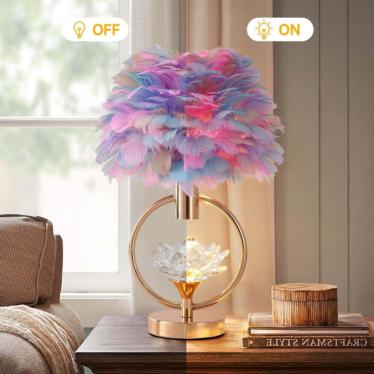 Colorful Feather Lamp Unique Feather Bedside Nightstand Light Goose Furry Desk Lamp Romantic Atmosphere Table Lamp for Girl Bedroom Wedding Decor Living Room Hotel 17IN