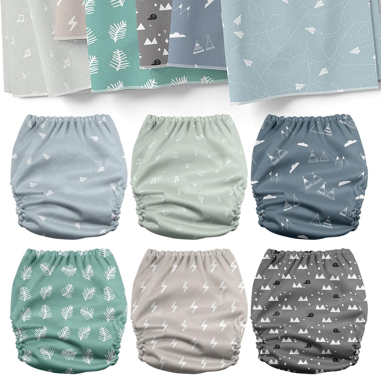 Mama Koala 3.0 Pocket Cloth Diapers for Babies with AWJ Lining, 6 Pack with 6 5-Layer Natural Cloth Diaper Inserts - Reusable and Washable Pocket Diapers(A-The Gray Sky)