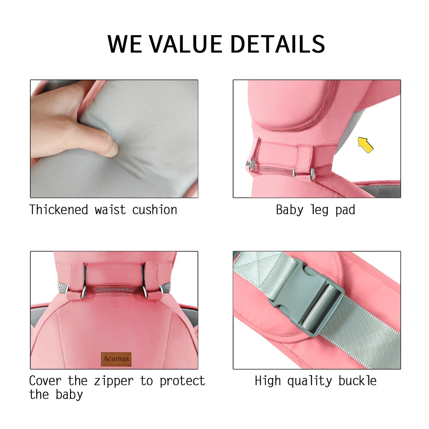 Baby Carrier with Hip Seat, Baby Carrier Newborn to Toddler, 6-in-1 Ways to Carry, All Seasons, Adjustable Baby Holder Carrier for Breastfeeding(Pink)