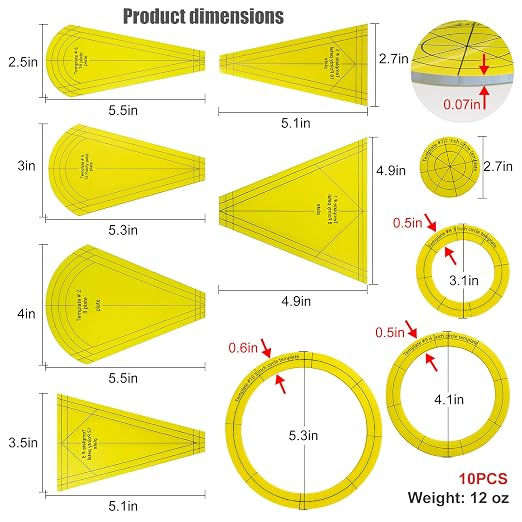 10Pcs Acrylic Quilting Template Ruler Set, Premium Sewing Machine Plate &