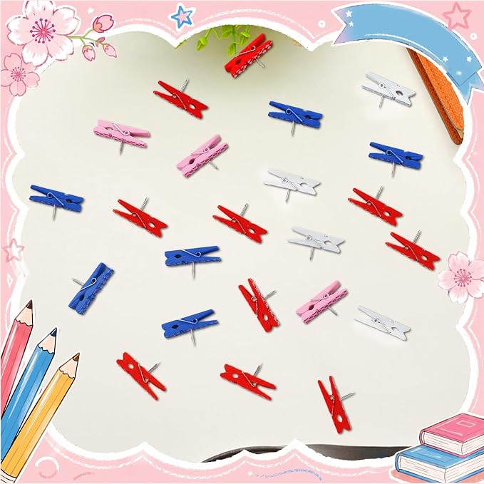 LemonRoad 60 Pcs Push Pin with Wooden Clips Teacher Cork Board Artworks