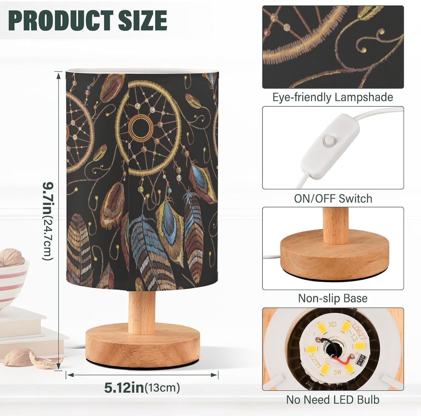 Table Lamp Native American Indian Dream Catcher Magic Ethnic Dreamcatcher Nightstand Lamp with Wood Base Fabric Lamp Shade Bedside Desk Lamp for Living Room Bedroom Kids Room Office