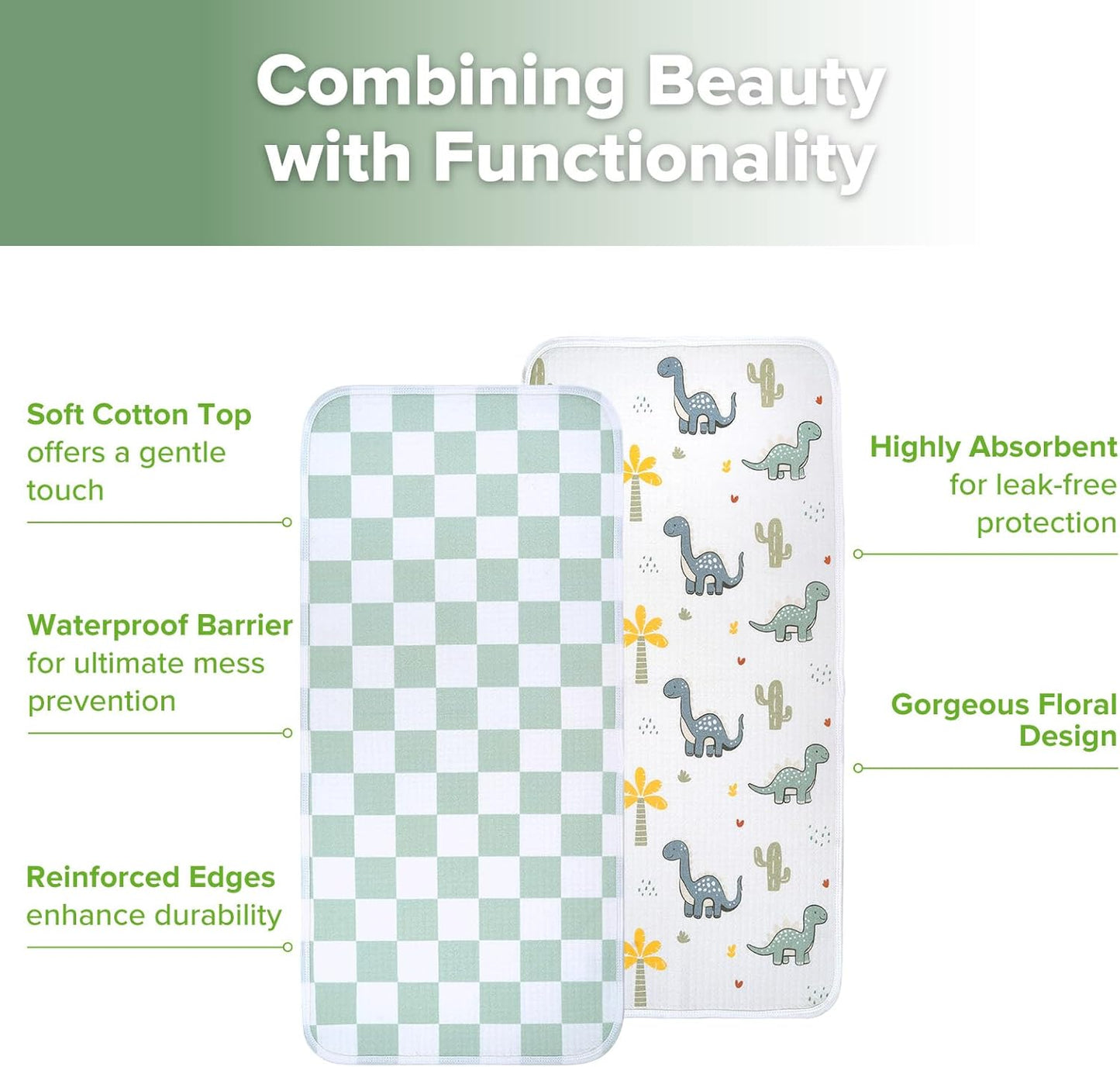 haakaa Waterproof Changing Pad Liners, 100% Cotton, Soft & Breathable (2pcs, 13" x 27.5" Dino Land+Checkered Days)