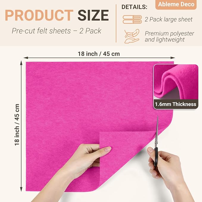 Felt Fabric Sheets 18" x 18" 1.6mm Soft Craft Felt, Fuchsia | Soft Precut Felt