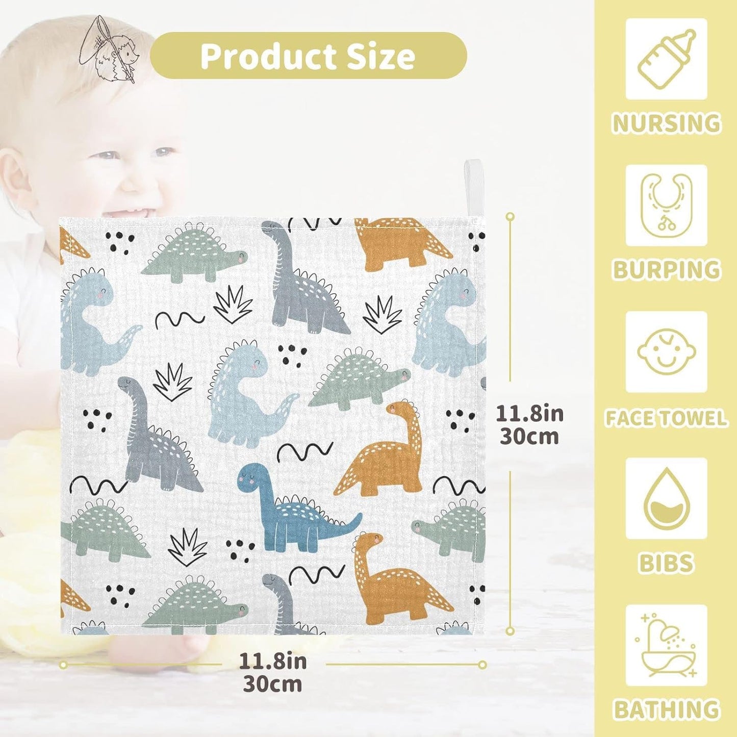Cute Dinosaurs Bushes Dots Doodles Burp Cloths for Boys Girls Cute Childish Dino Baby Muslin Washcloths Newborn Soft Absorbent Face Bath Towel Kids Wash Cloth 12 x 12,3 Pack