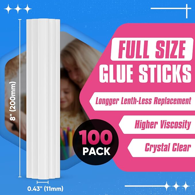 EZUVITA 100-Pack Full Size Hot Glue Sticks, 0.43” Dia x 8” Long | Clear