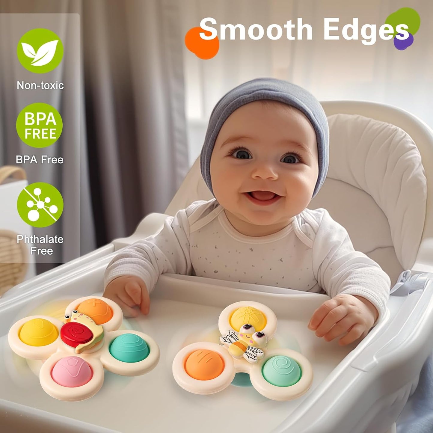 TOHIBEE 3-Piece Suction Cup Spinner Toys for 1-3 Year Old Boys & Girls - Spinning Sensory Toys for Toddlers 12-18 Months - First Birthday Gifts