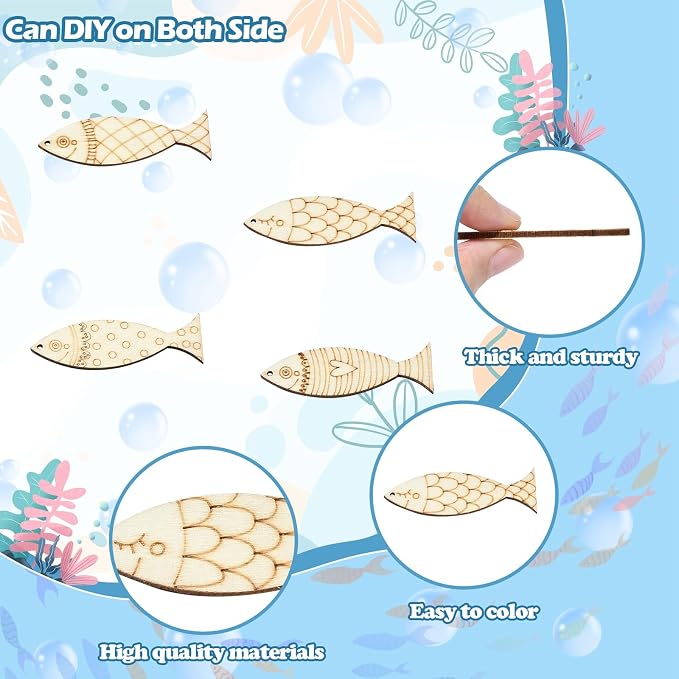 200 Pcs Wooden Fish Charms Old Lace Sea Animal Cutouts Unfinished Wood Summer