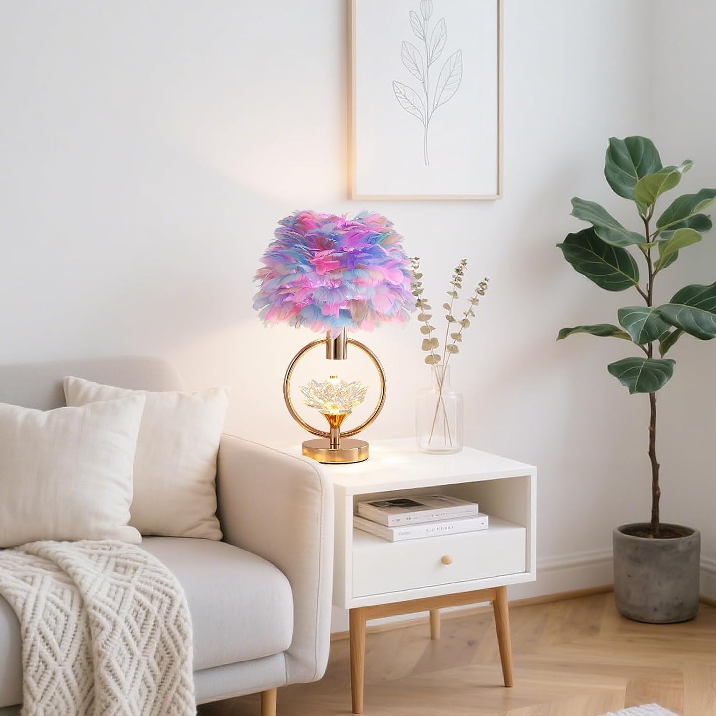 Colorful Feather Lamp Unique Feather Bedside Nightstand Light Goose Furry Desk Lamp Romantic Atmosphere Table Lamp for Girl Bedroom Wedding Decor Living Room Hotel 17IN