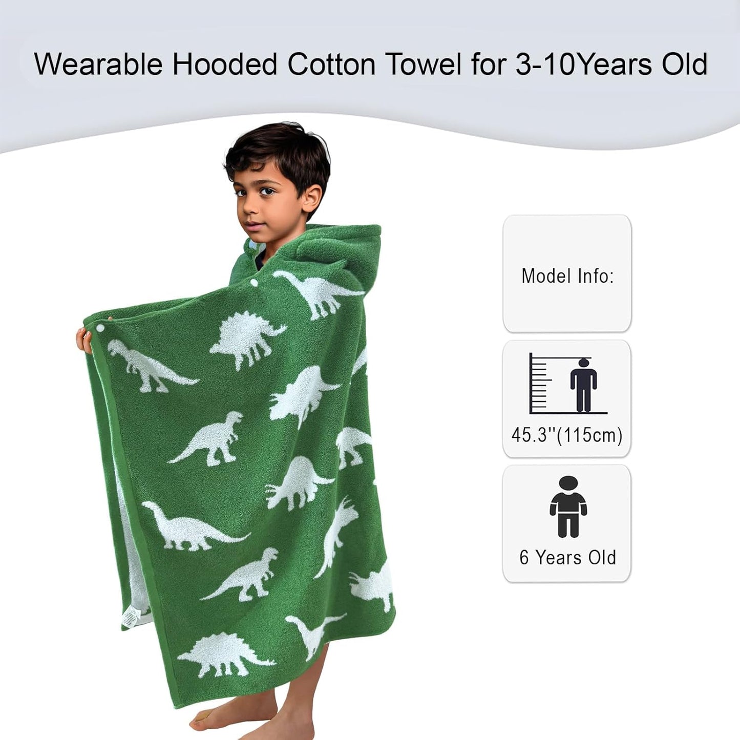 VOOVA & MOVAS Kids Hooded Bath Towels (3-10Years,30"x54"),100% Cotton Thick Absorbent Soft Towel Wrap for Toddler Boys,Perfect for Bathroom | Pool | Beach | Swimming, Jacquard Green Dinosaur