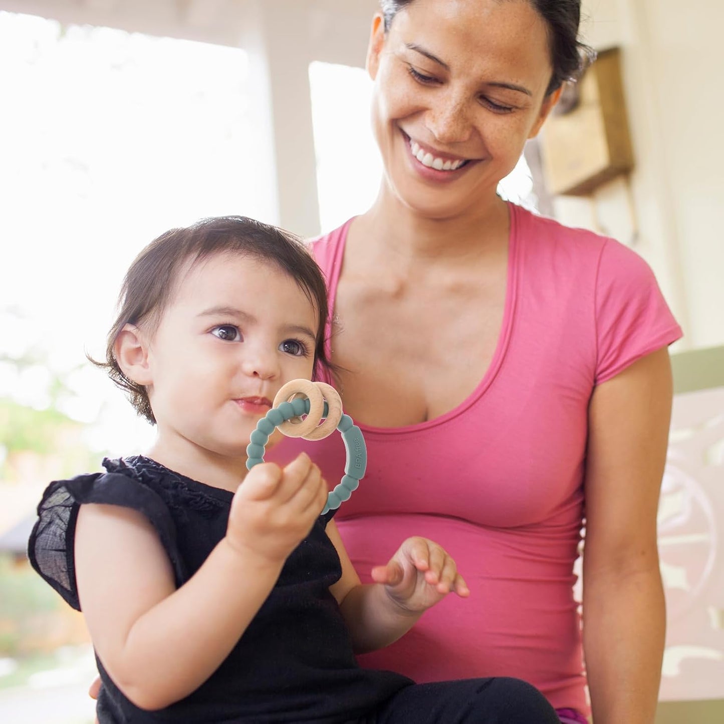 Baby Teether, One Piece Design Silicone & Beech Teething Ring Toy for Babies, BPA Free (Hunter Green)