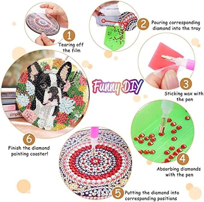 8 Pack Diamond Art Coasters, Dog Flowers Diamond Painting Coasters Kits | Dog