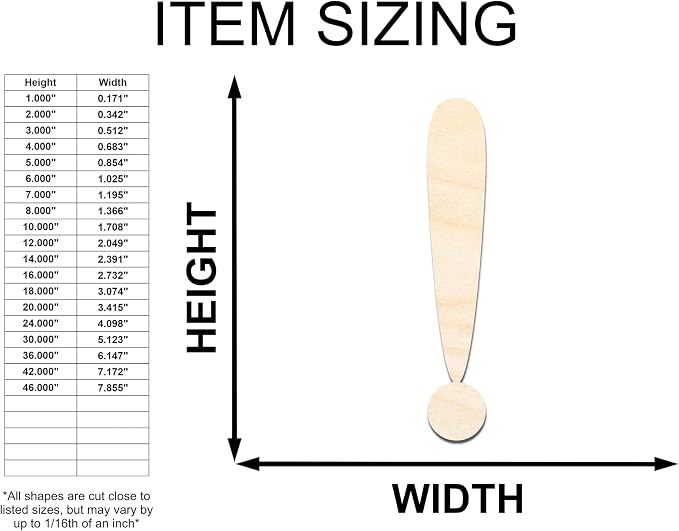 Unfinished Wood Exclamation Point Symbol Craft up to 46" DIY 20" / 1/4"