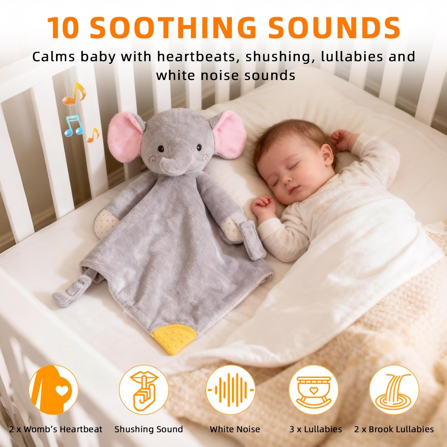 BEREST Elephant Baby Lovey Rechargeable Sleep Soother with 10 White Noises (Heartbeat, Shushing & Lullabies) & Cry Sensor|Timer|Recording|Plush Blanket Comforter Gift for Newborns|Infants|Boys & Girls