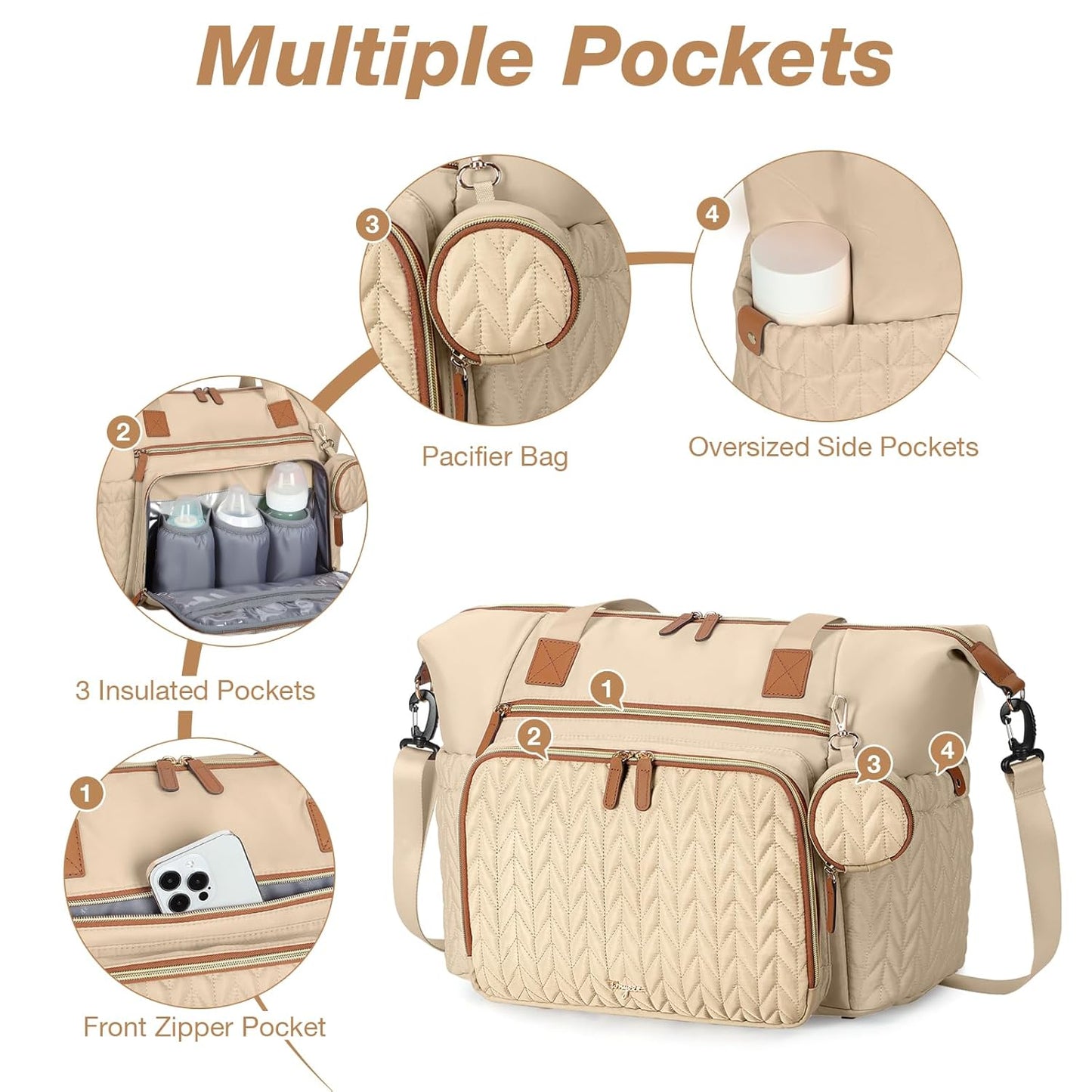 Diaper Bag Tote, Large Baby Diaper Bags Waterproof, Hospital Bag for Labor Delivery with Pacifier Case, Changing Pad, Shoulder Strap, khaki