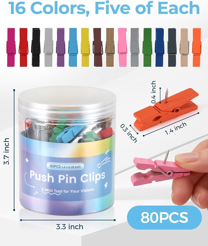 80Pcs Colorful Wooden Push Pin Clips, Decorative Thumbtack