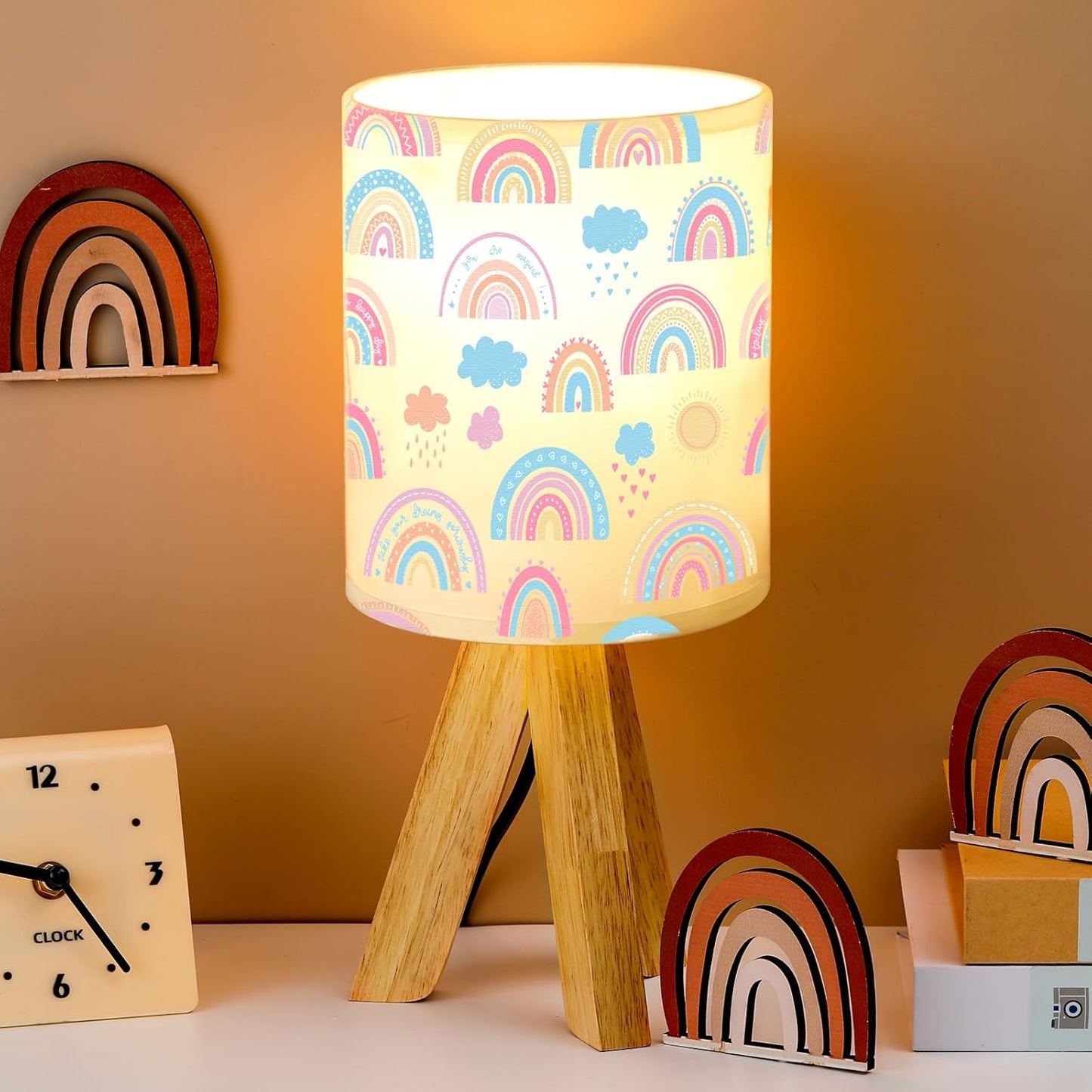 VIHOSE Rainbow Kids Tripod Table Lamp for Bedroom Kids Bedside Lamp with Linen Wooden Nightstand Cartoon Nursery Lampshade for Girls Boys Living Room