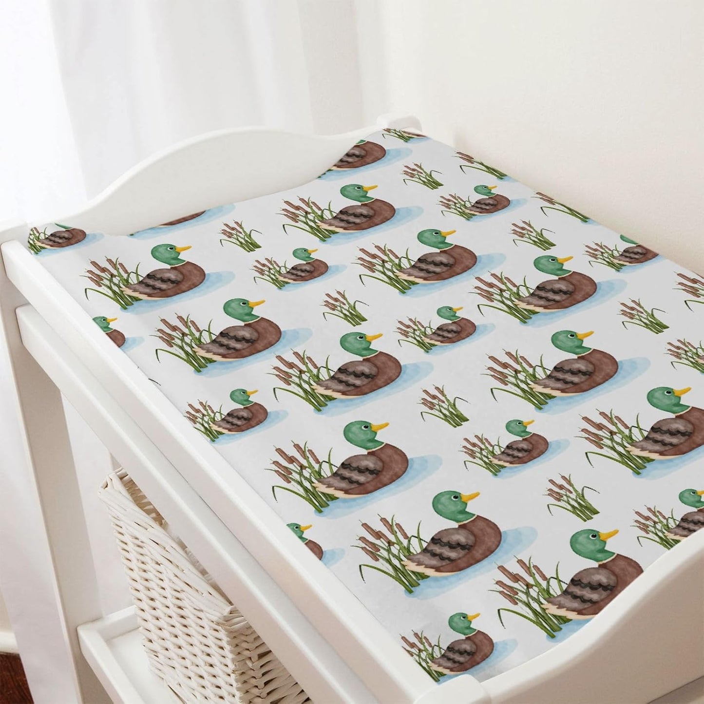 Cartoon Mallard Duck Lake Leaves Changing Pad Covers Duck Hunting Reeds Diaper Changing Pad Covers Sheets for Girl Boy Wild Duck Soft Breathable Stretch Fitted Change Table Pad Mats Covers 32''x16''