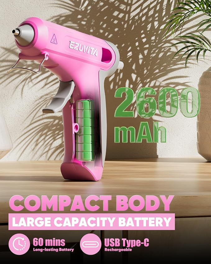 4V Pink Cordless Hot Glue Gun Kit, 30-Piece Glue Sticks | 2600mAh Built-In