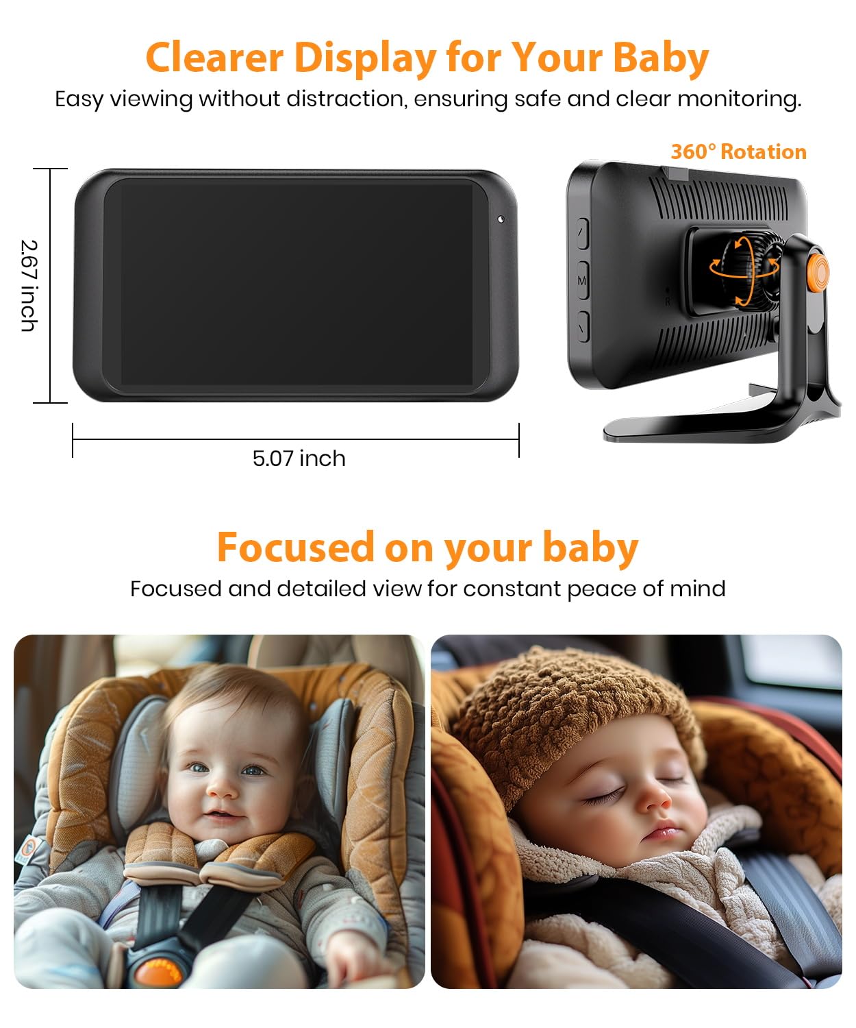 Babyvue USB Car Camera for Baby : 4.5" Baby Car Camera with 1080P Crystal Clear Mirror View, Easy Installation Carseat Rear Facing Moitor for Kids, HD IR Night Vision Backseat Monitor