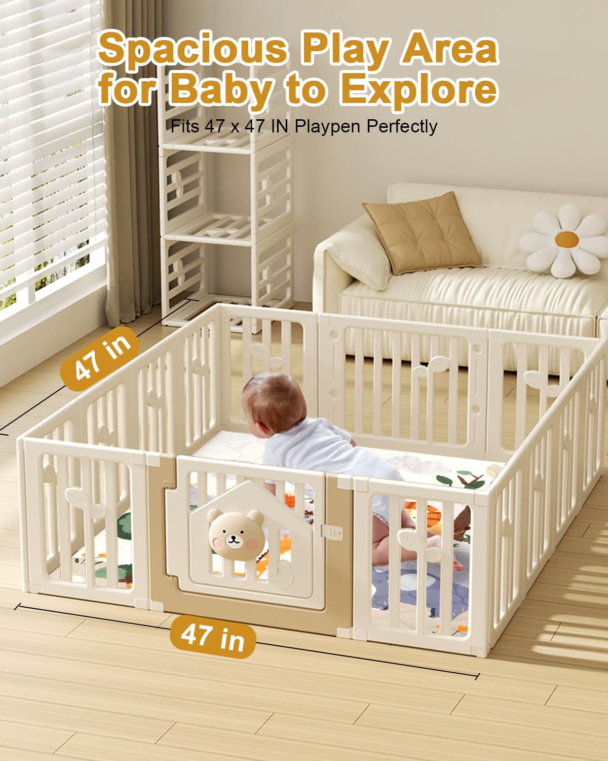 Premium Foam Baby Play Mat 47" x 47" – Removable & Machine Washable Cover, Extra Thick Padding Playpen Mat, Non-Slip Crawling Mat, Easy to Clean for Infants, Toddlers & Babies