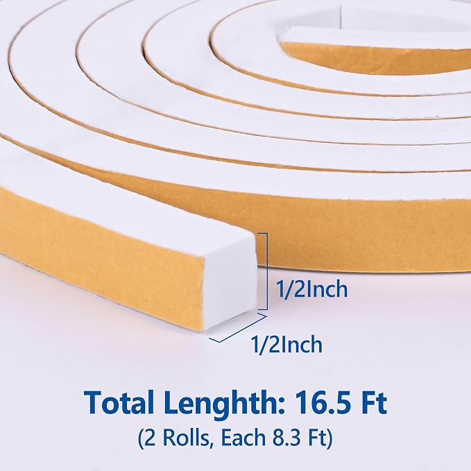 Kikerike Self Adhesive Foam Tape Weatherstrip 1/2in x 1/2in x 16.5Ft High