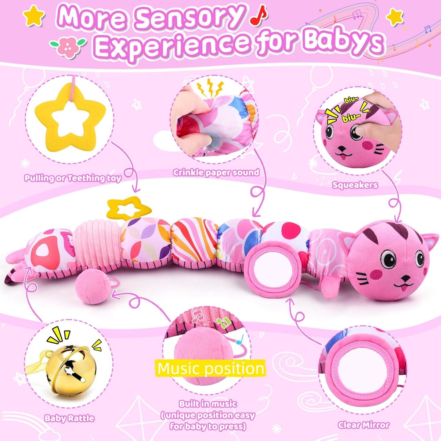 Baby Toys 0-6 6-12 Months, Stuffed Animal Infant Tummy Time Toys Sensory Toys with Crinkle Rattles Textures and Mirror Gifts for Newborn Boys Girls, Baby (Pink)